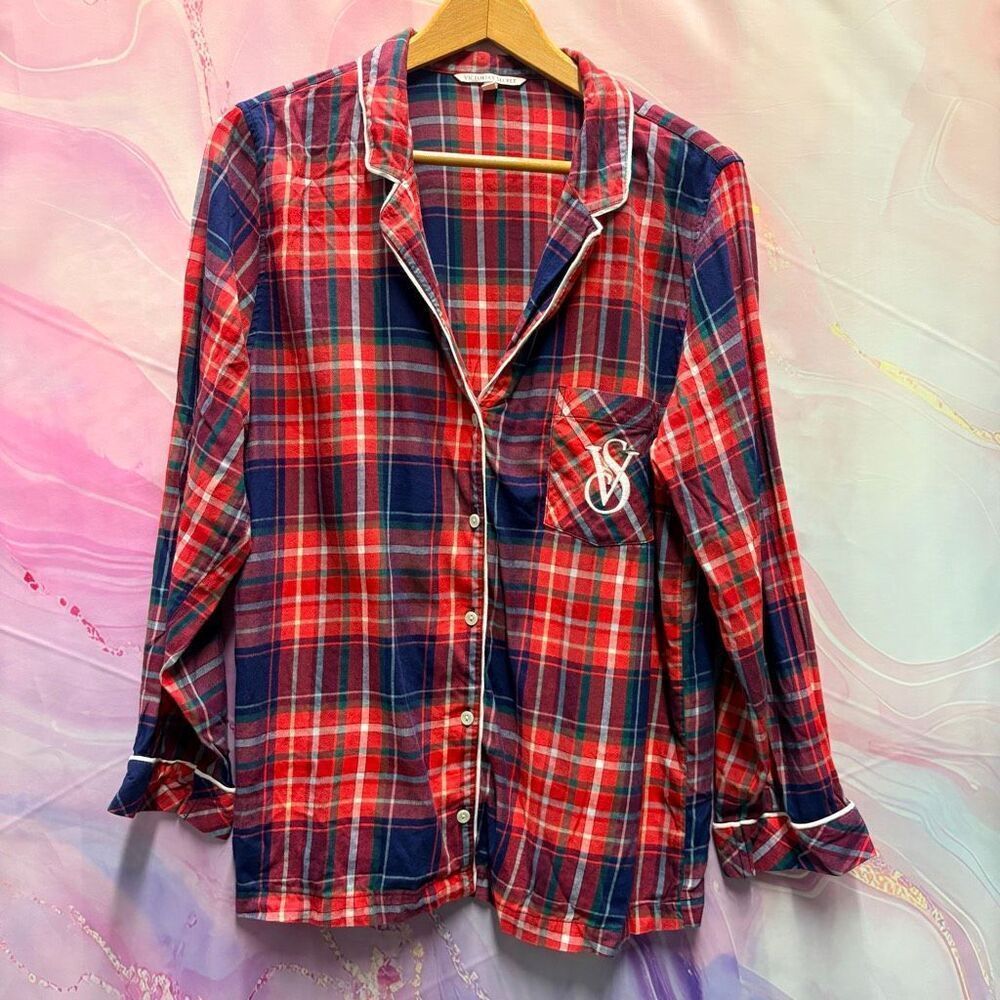 Victoria’s Secret M Long Red Navy Blue Plaid Button Down PJ Blouse Collar Preppy
